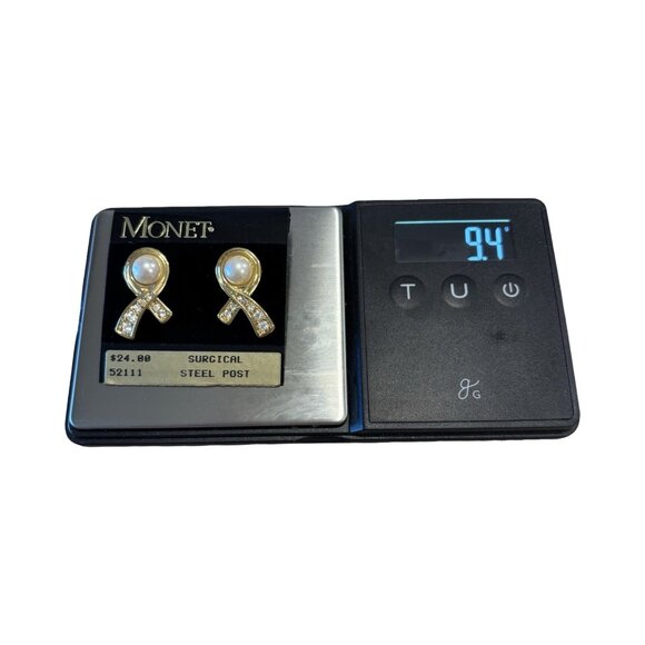 Monet Pearl Rhinestone Goldtone Earrings NWT Vintage 80s Statement  Quality - Picture 6 of 6